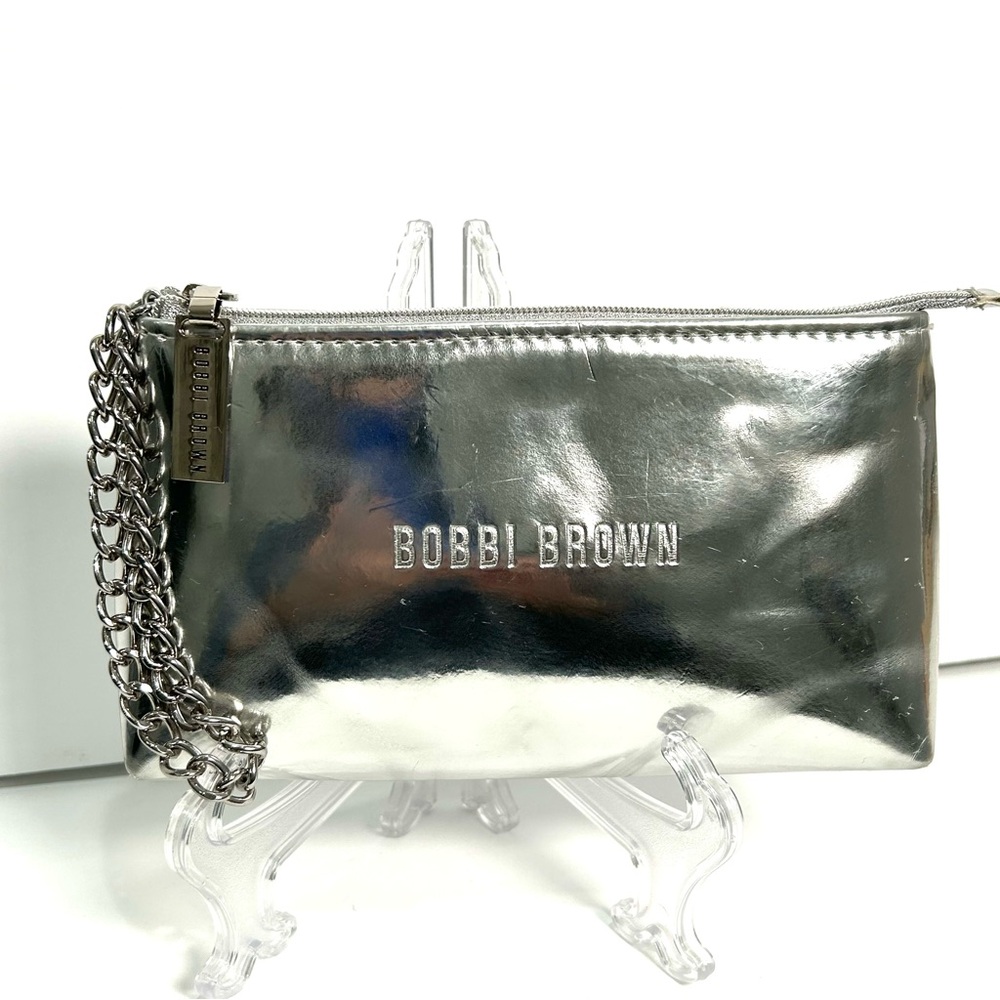 Bobbi Brown Silver Metallic Wristlet Chain Handle Zipper NEW